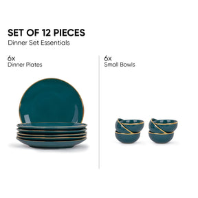 Ceramic Dinner Plates Set, 12 Pieces, Teal Goldline Collection