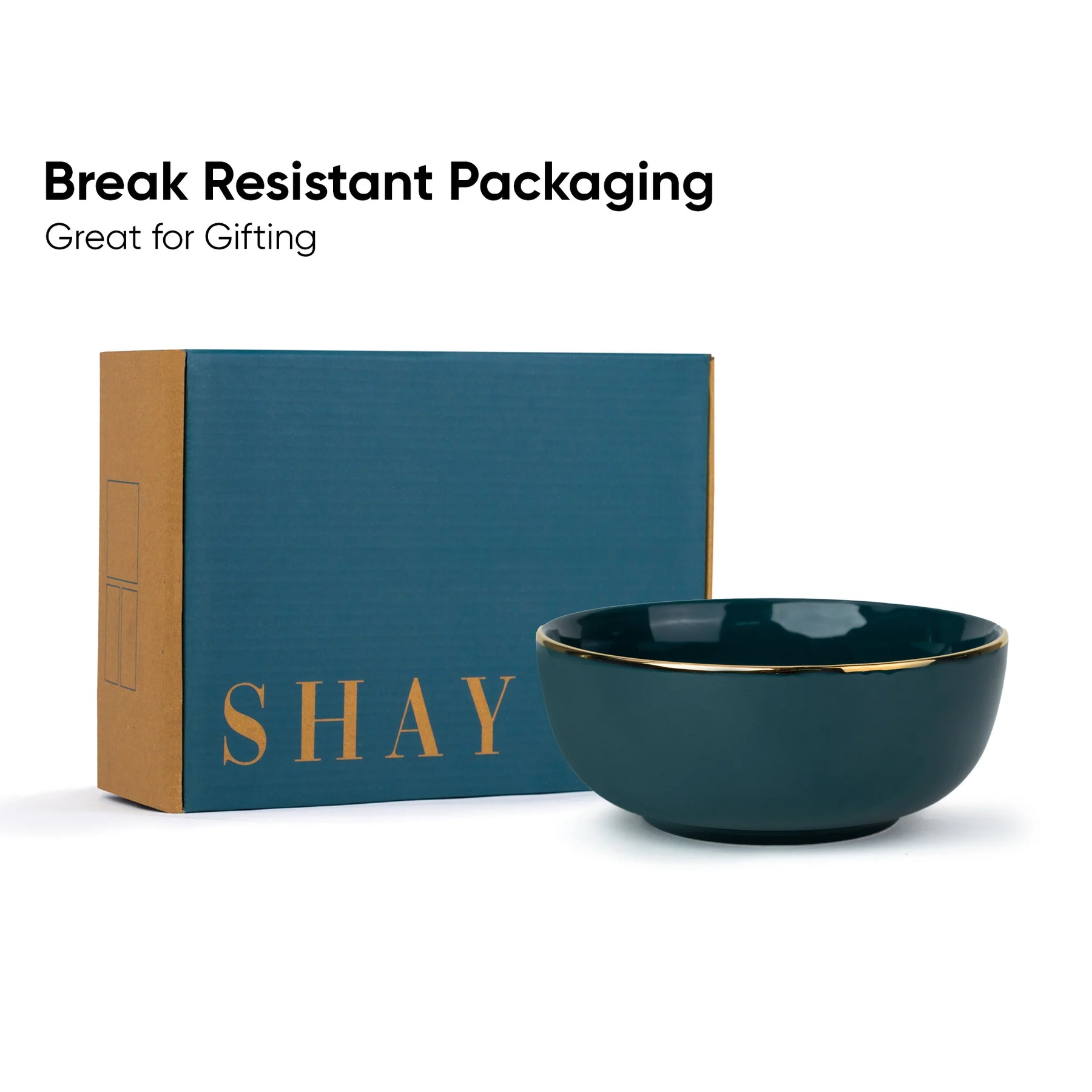 Teal bowl with gold rim and 'SHAY' branded box on a white background