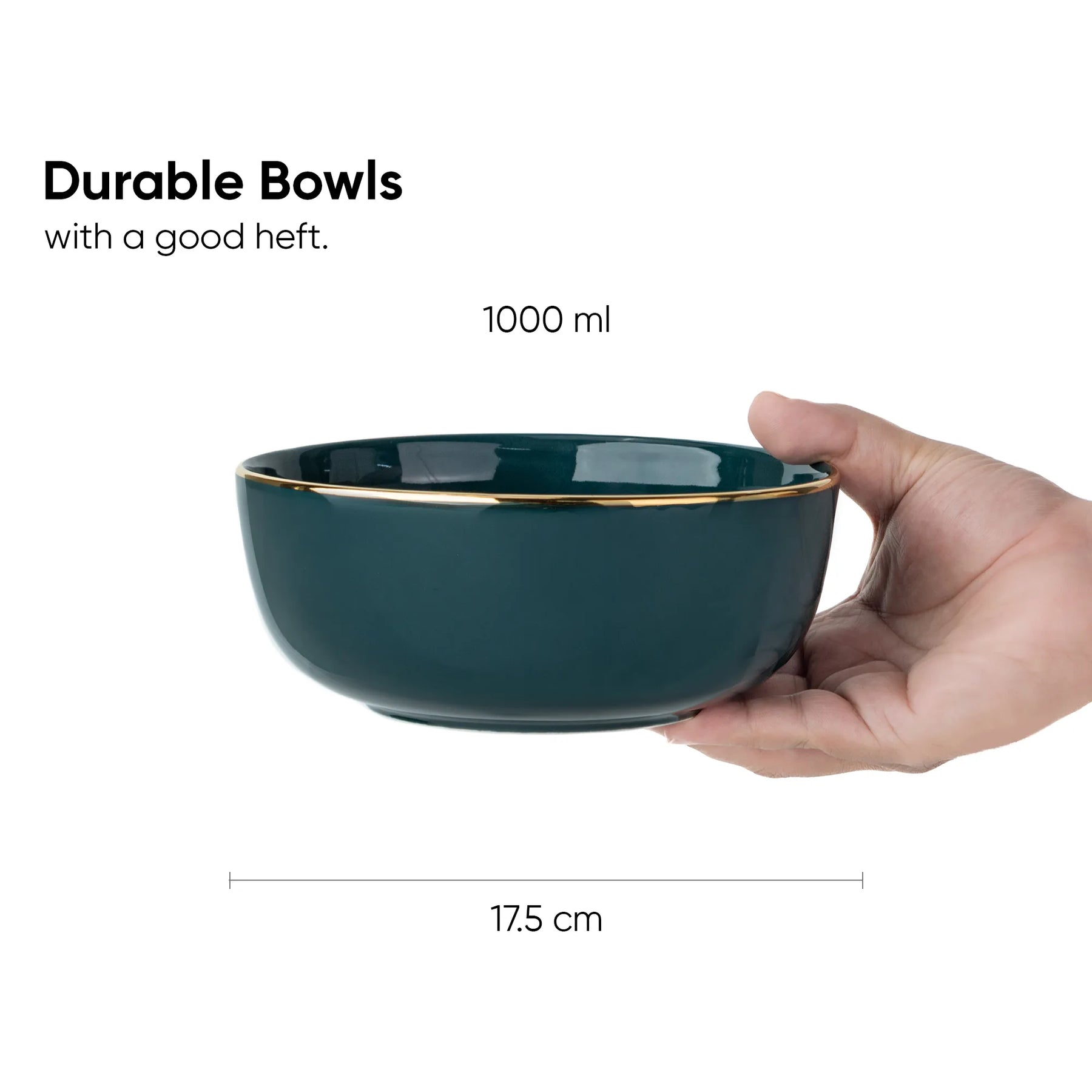 Hand holding a dark blue bowl with gold rim, labeled as durable and having a good heft, on a white background.