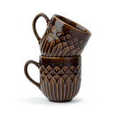 Shay Ceramic Coffee Mug Set Set of 2 | 330ml | Brown Carving | Modern Tableware Online India
