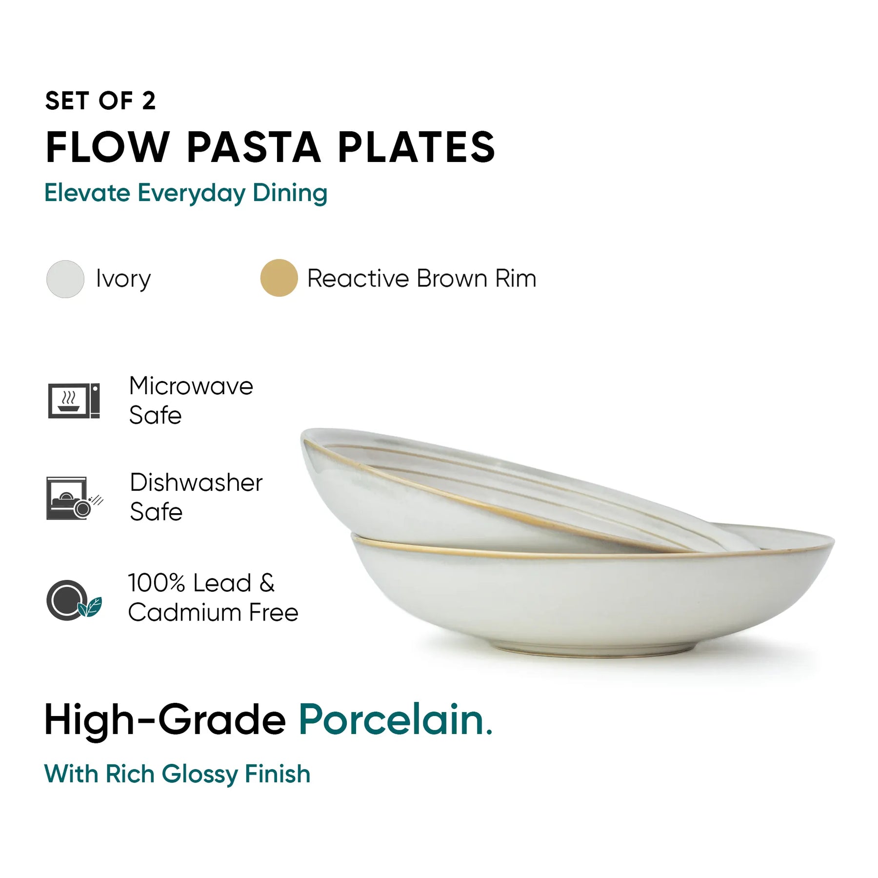 Set of two flow pasta plates with gold rim on a white background, featuring product details.