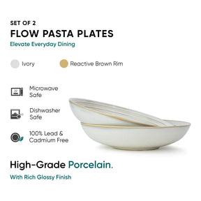Set of two flow pasta plates with gold rim on a white background, featuring product details.