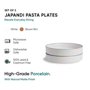 Set of 2 Japandi pasta plates with brown rim on a white background