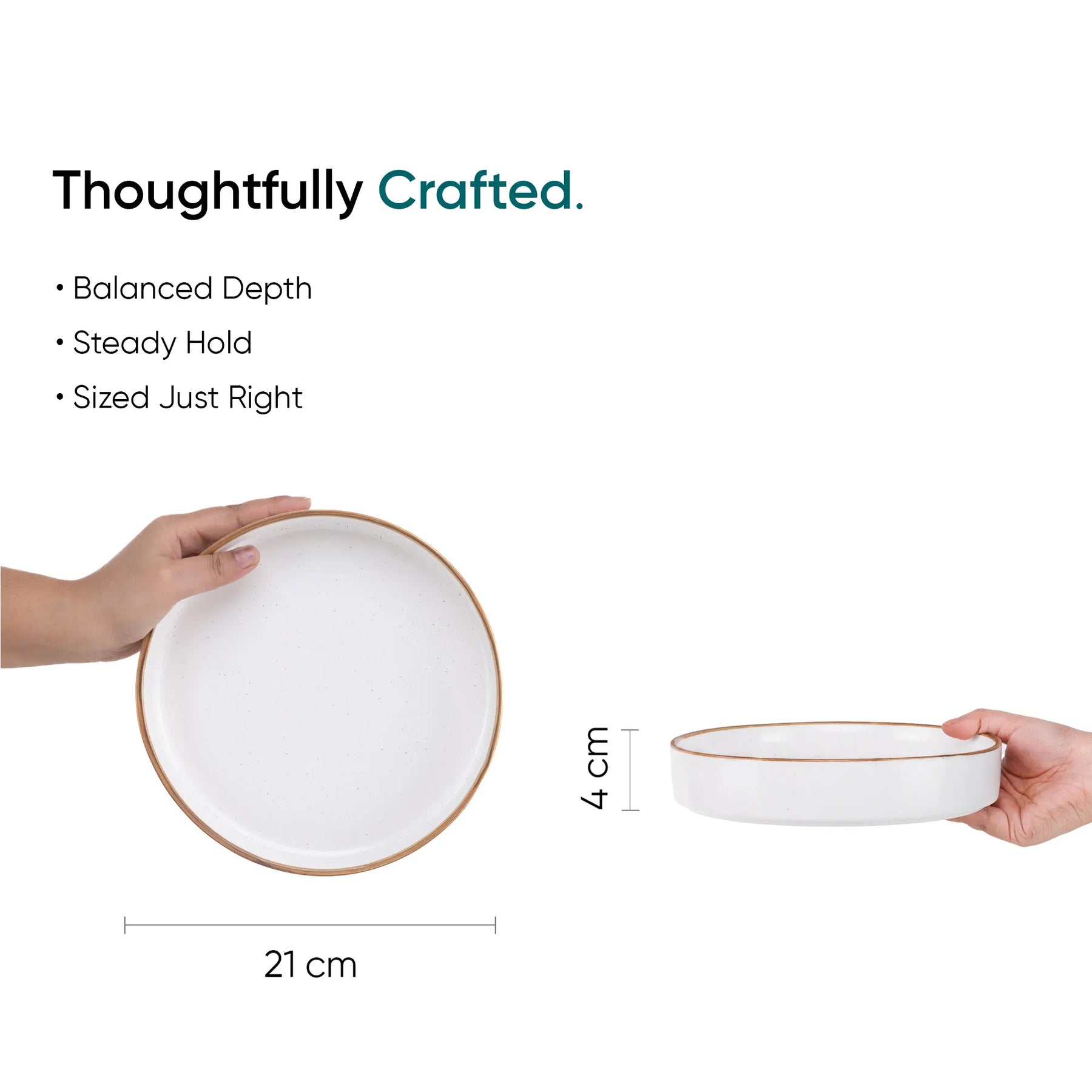 White ceramic plate held by a hand with dimensions and features listed on a white background.