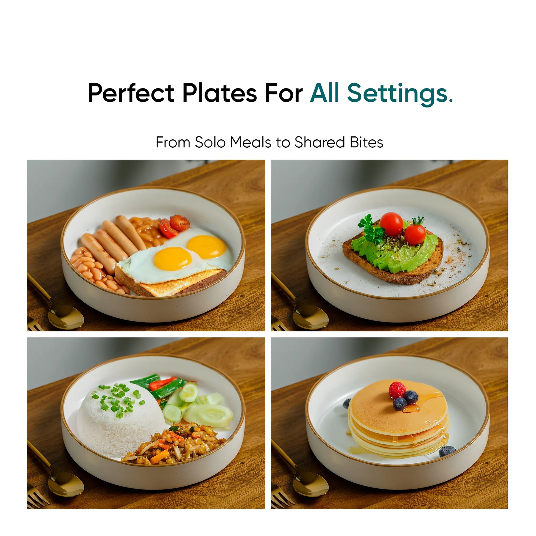 Collage of four plates with different meals on a wooden table, promoting 'Perfect Plates For All Settings'.