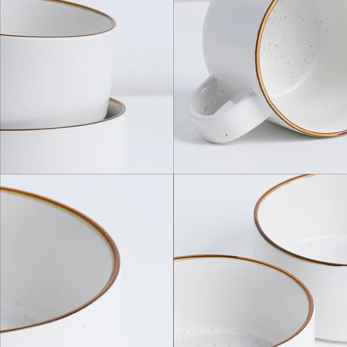Set of white ceramic dishes with gold rims arranged on a light gray background.