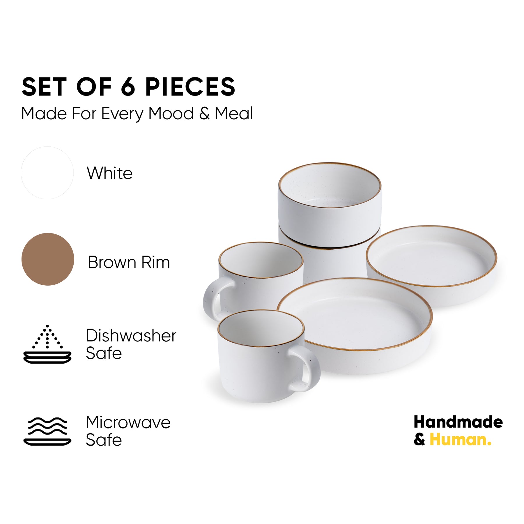 Ceramic Modern Dinnerware Set, 6 Pcs, White | Japandi Breakfast Set
