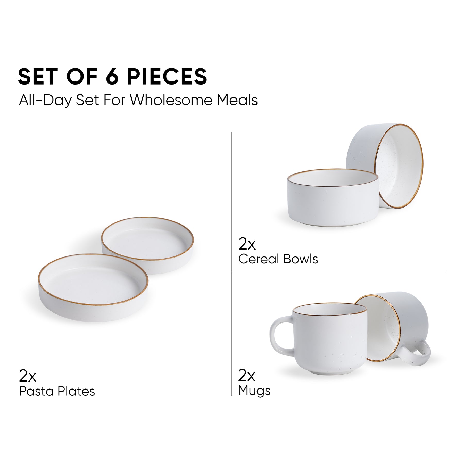 Ceramic Modern Dinnerware Set, 6 Pcs, White | Japandi Breakfast Set