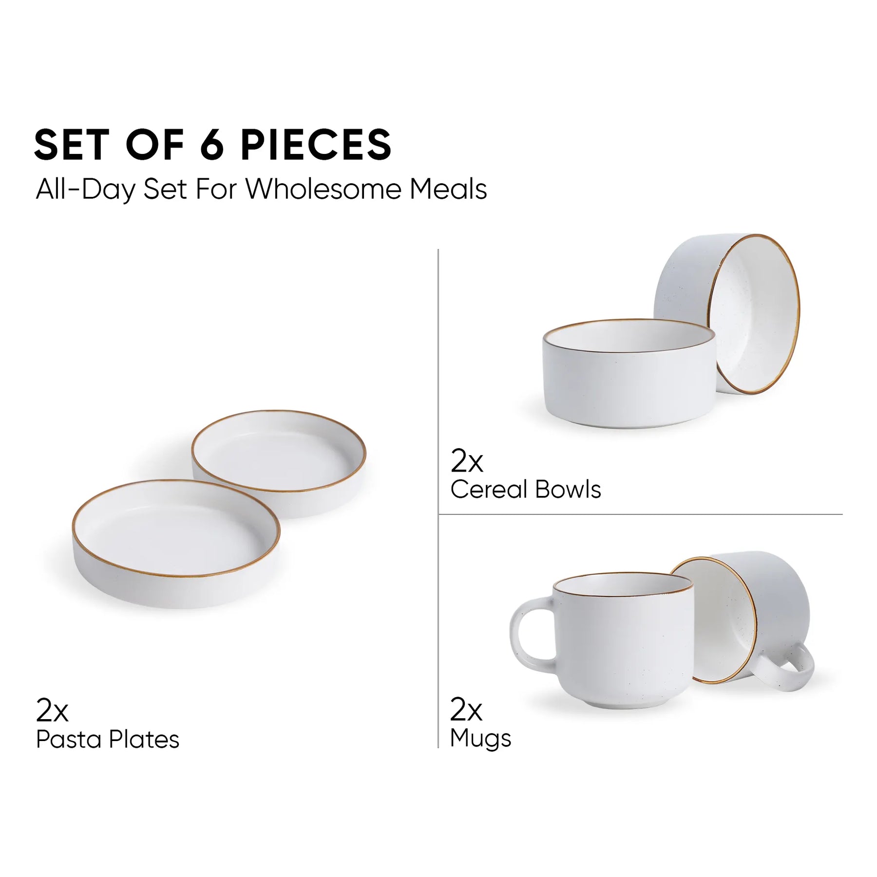 Set of 6 white ceramic dinnerware pieces with gold rims on a white background