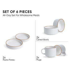 Set of 6 white ceramic dinnerware pieces with gold rims on a white background