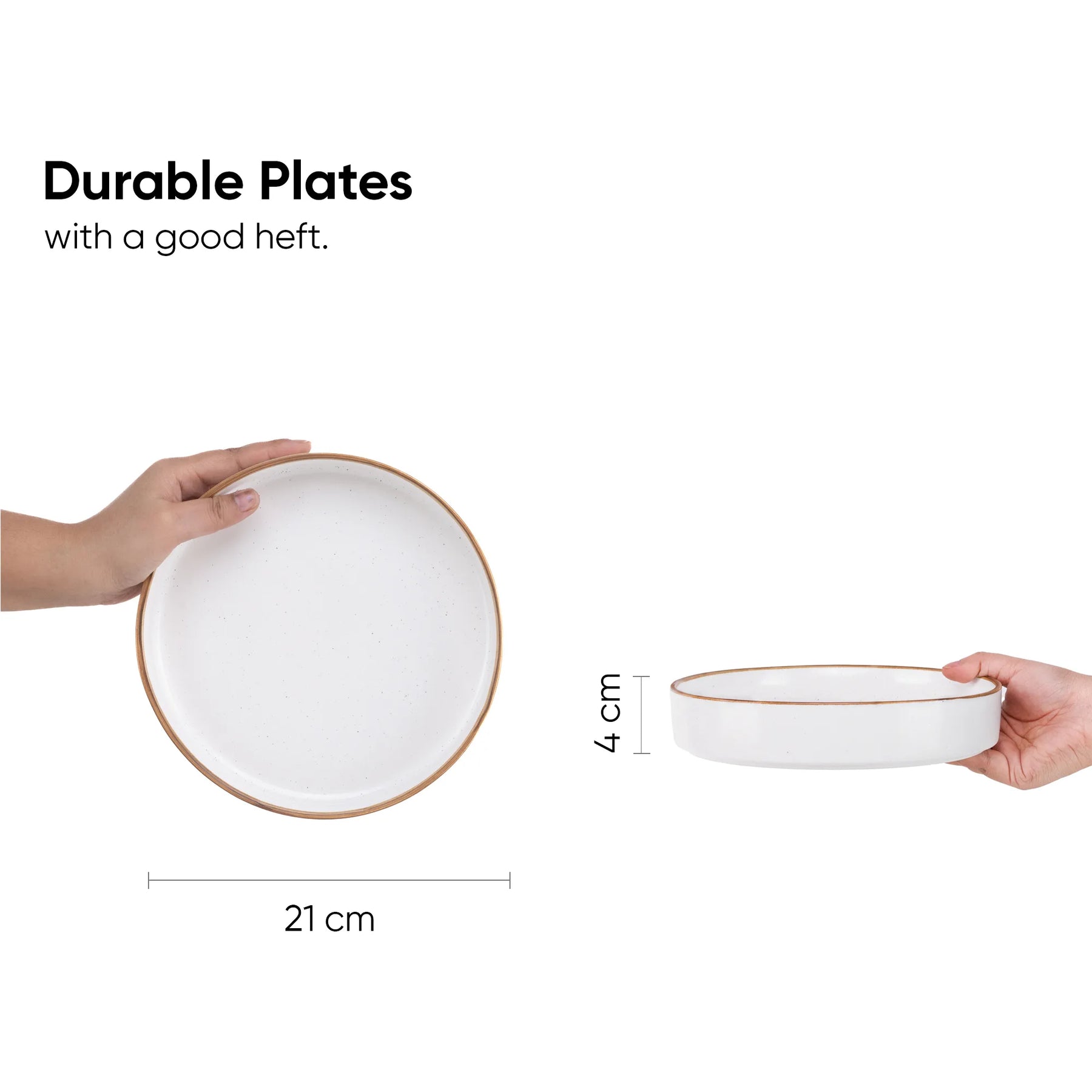 White ceramic plates held by hands with measurements on a white background