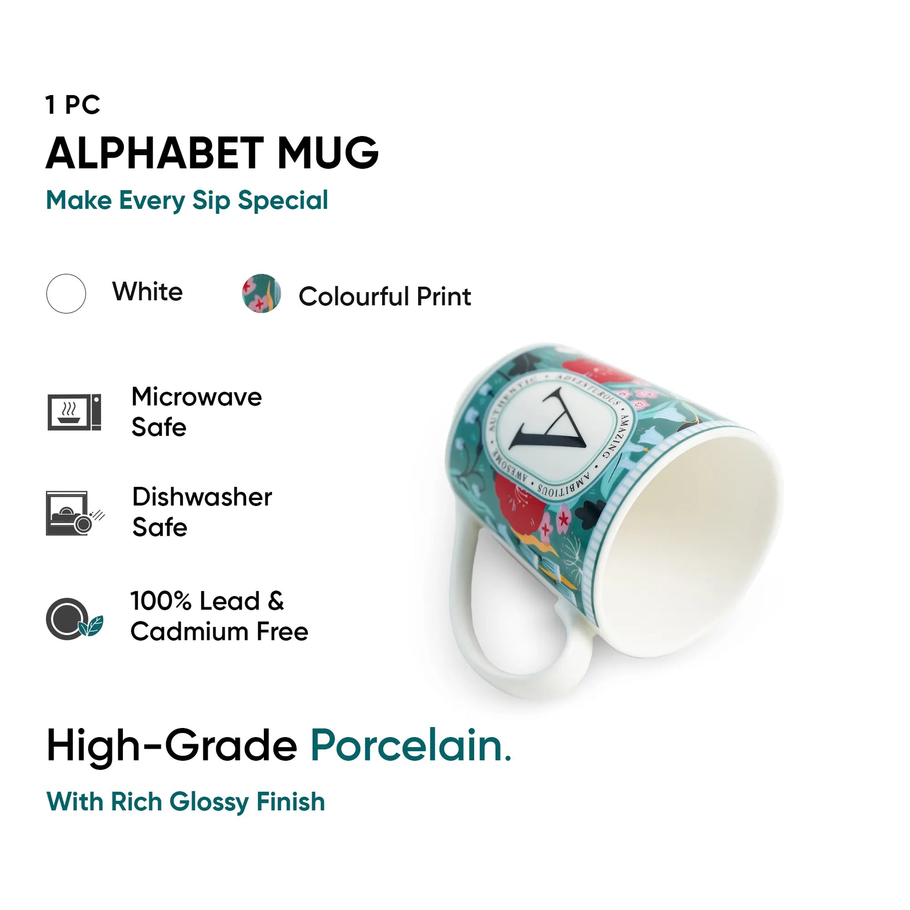 Alphabet mug with colorful print on a white background
