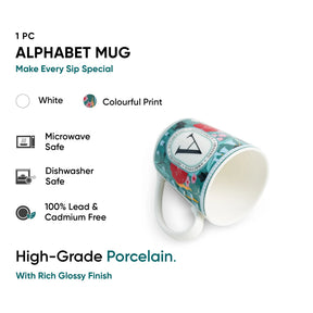 Alphabet mug with colorful print on a white background