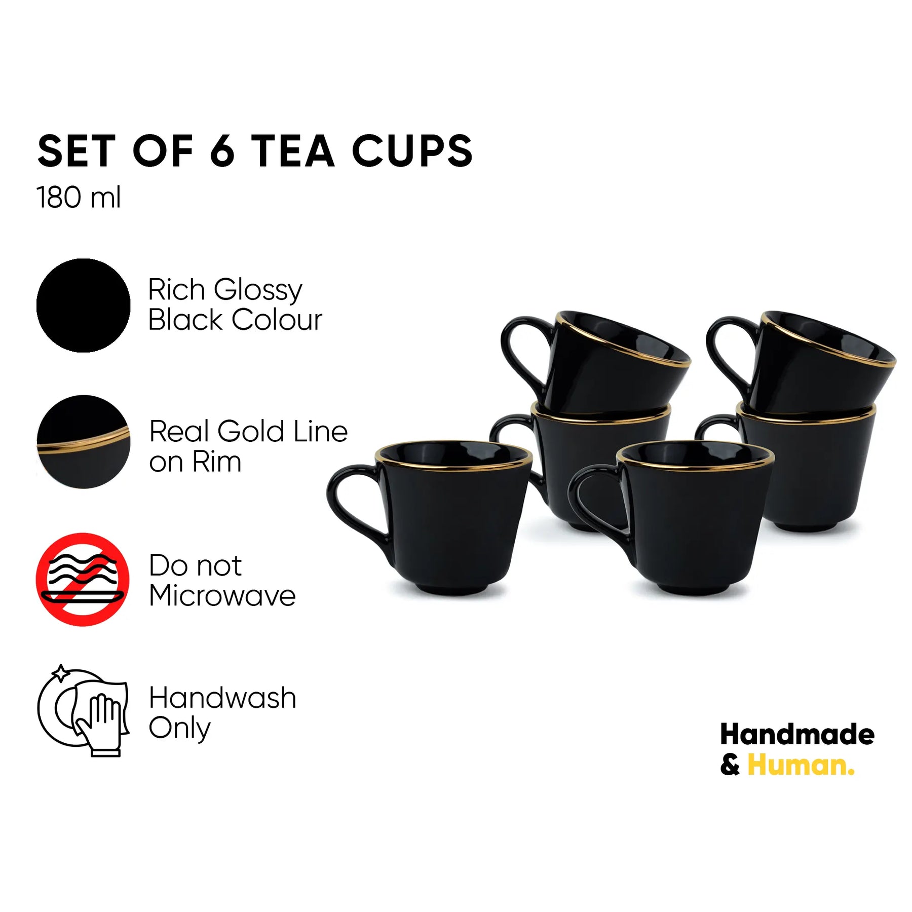Set of 6 black tea cups with gold rims on a white background, featuring product details and branding.