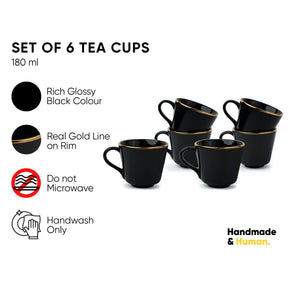 Set of 6 black tea cups with gold rims on a white background, featuring product details and branding.