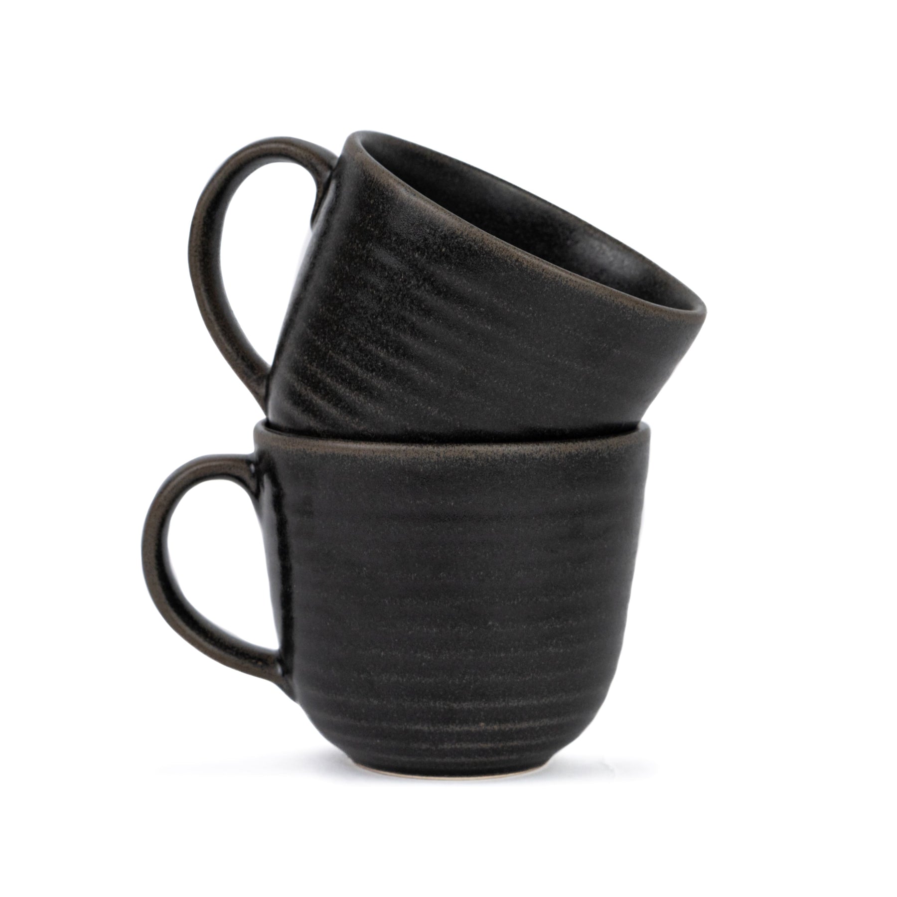 Large Ceramic Coffee Mug Set | Ribbed Collection | 400ml | Glossy Stoneware Black Set of 2