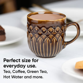 Ceramic Coffee Mug Set Set of 2 | 330ml | Brown Carving