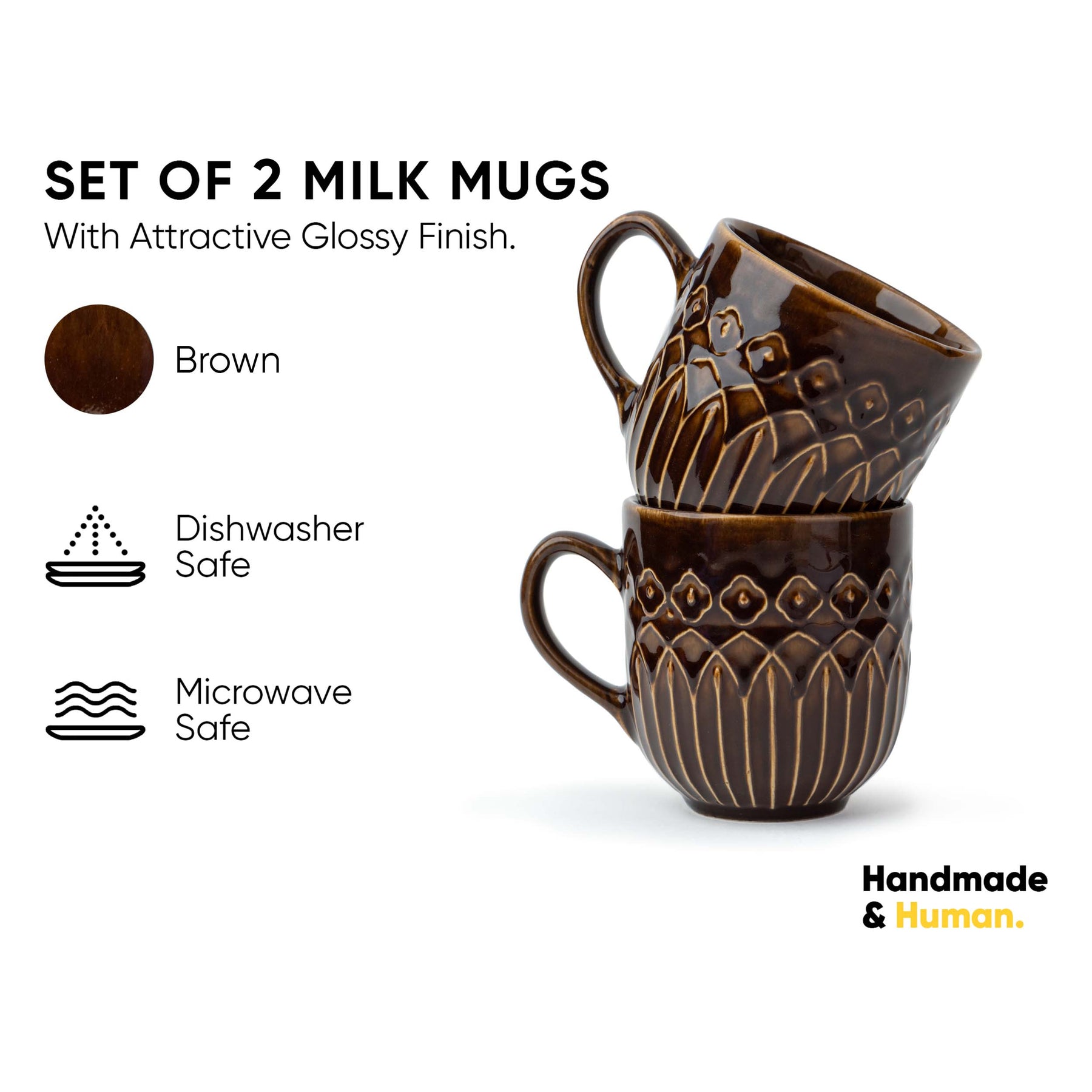 Ceramic Coffee Mug Set Set of 2 | 330ml | Brown Carving