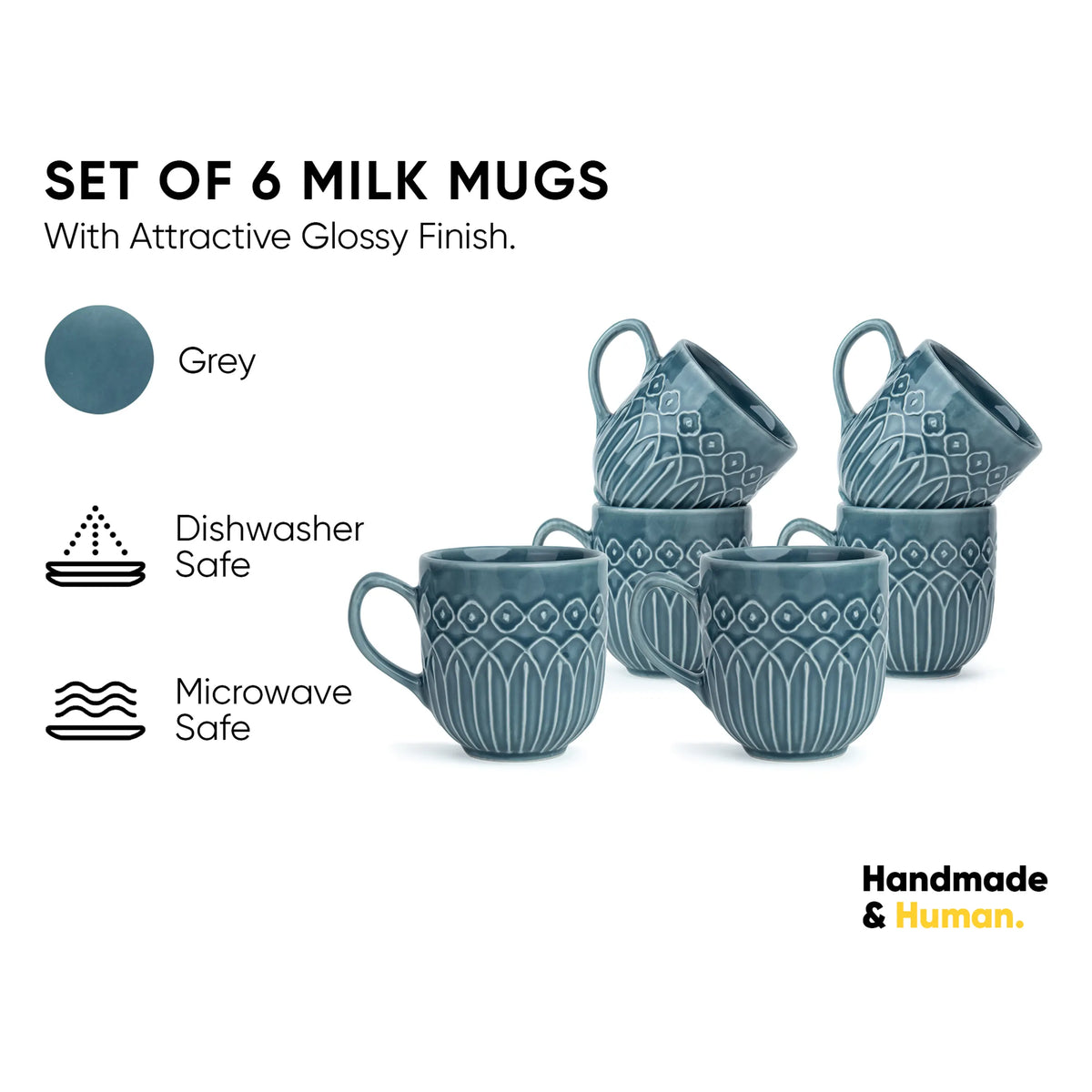 Set of 6 grey milk mugs with decorative patterns on a white background, featuring icons for dishwasher and microwave safety.