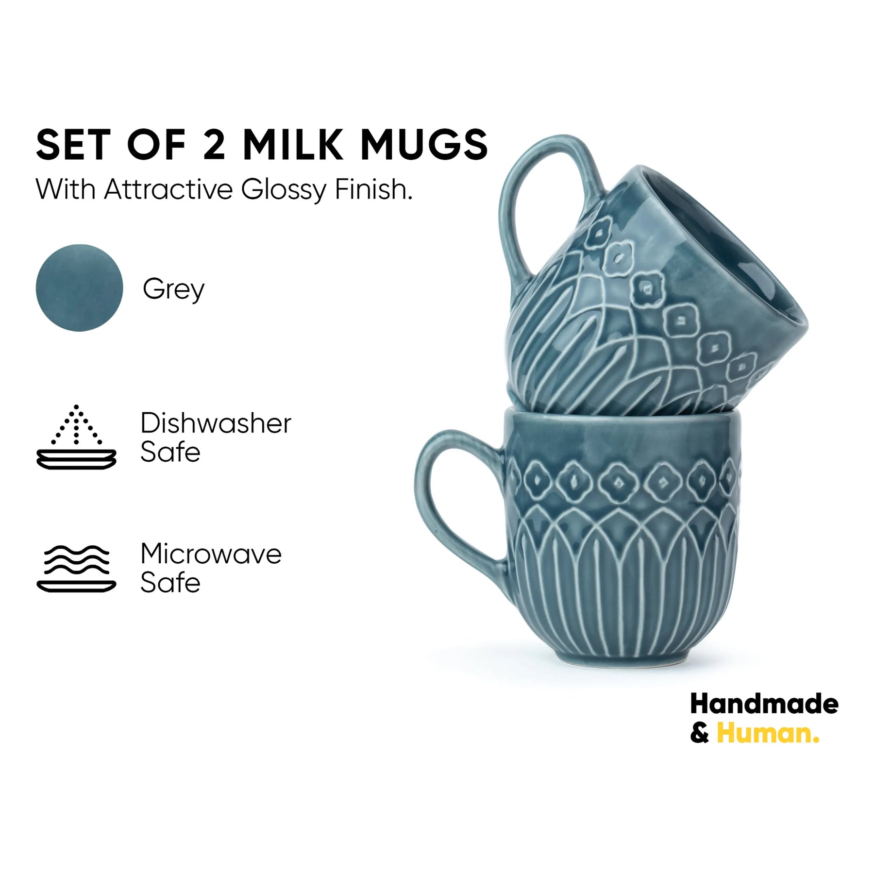 Set of two grey milk mugs with decorative patterns on a white background, featuring text about material and safety.