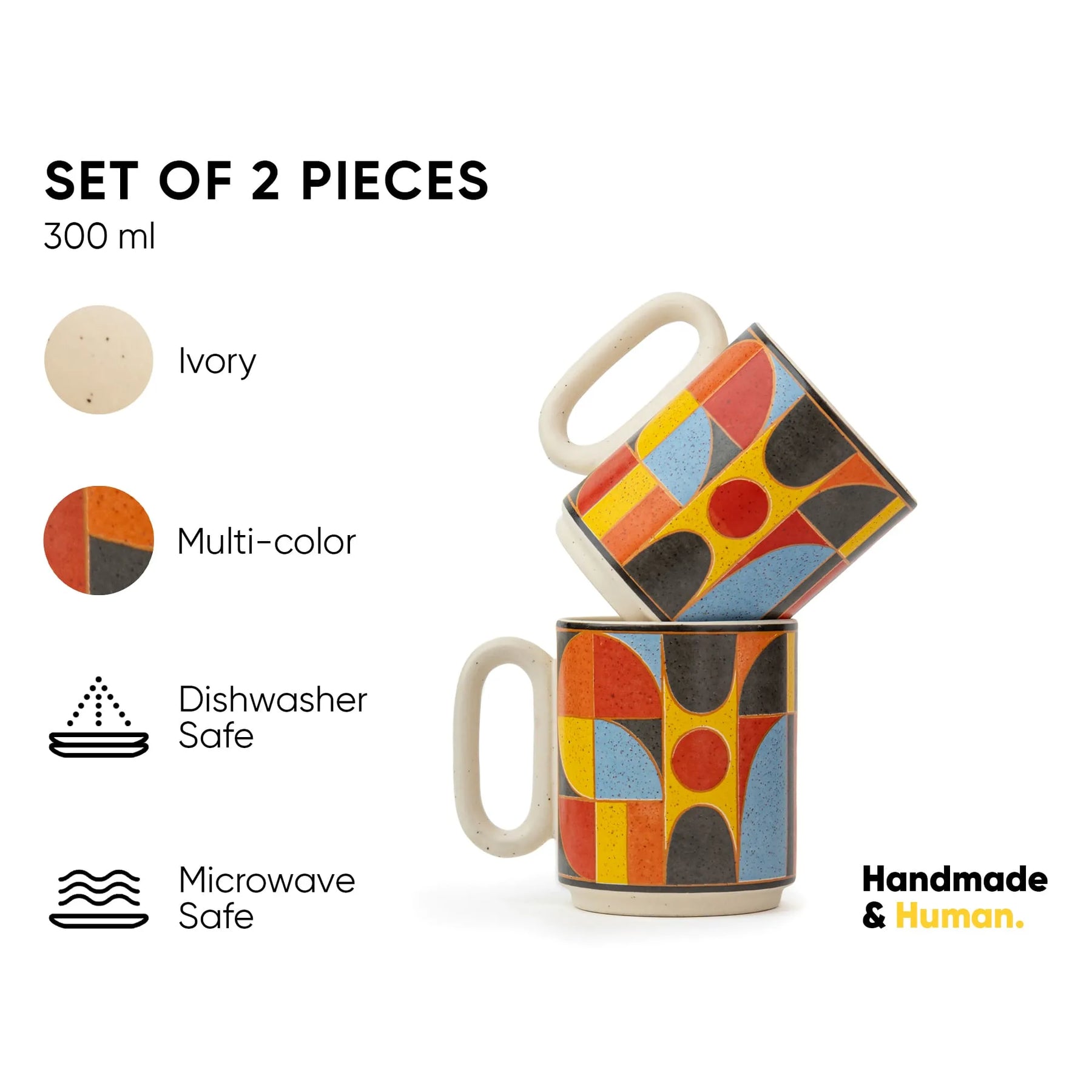 Set of two geometric-patterned mugs with color options and safety features on a white background.