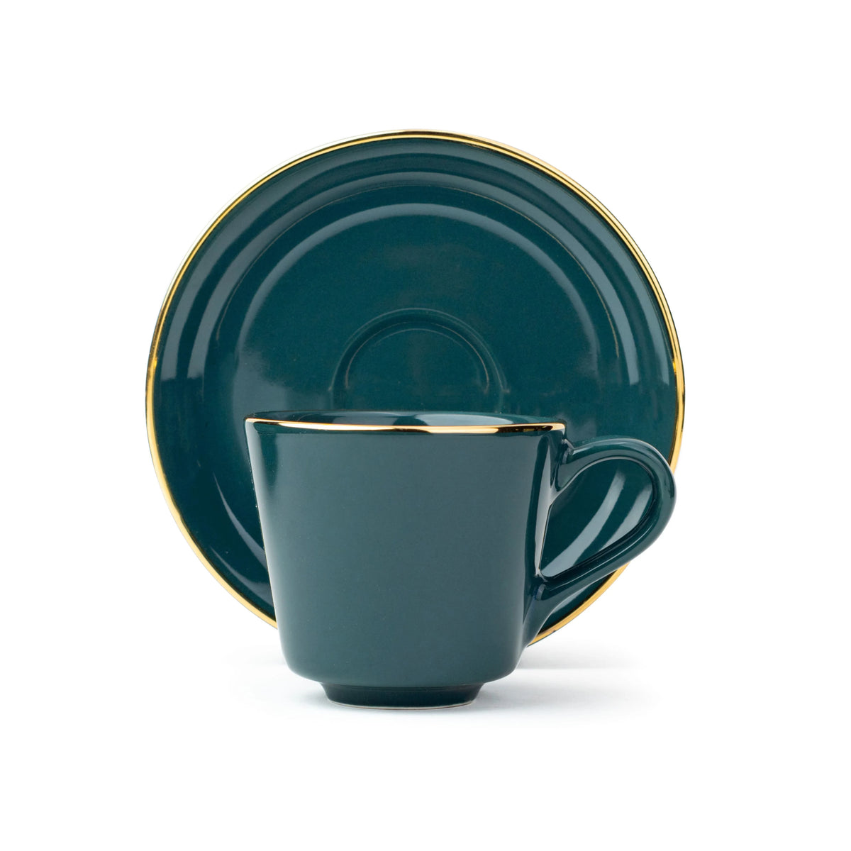 Teal cup and saucer set with gold trim on a white background