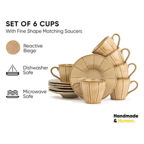 Set of 6 cups with matching saucers in Reactive Beige color, displayed on a white background.