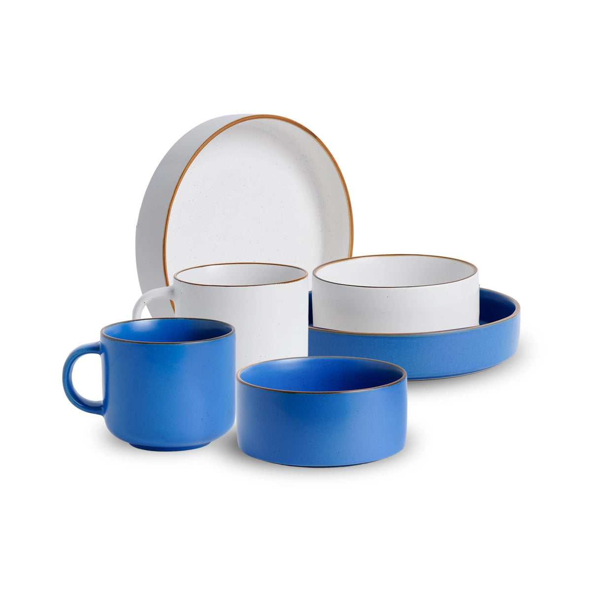 Ceramic tableware set with blue and white design on a white background
