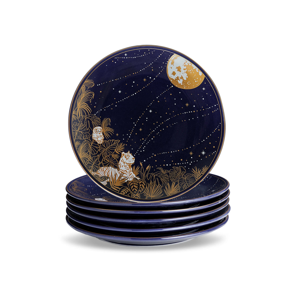 Set of four decorative plates with celestial design on a white background