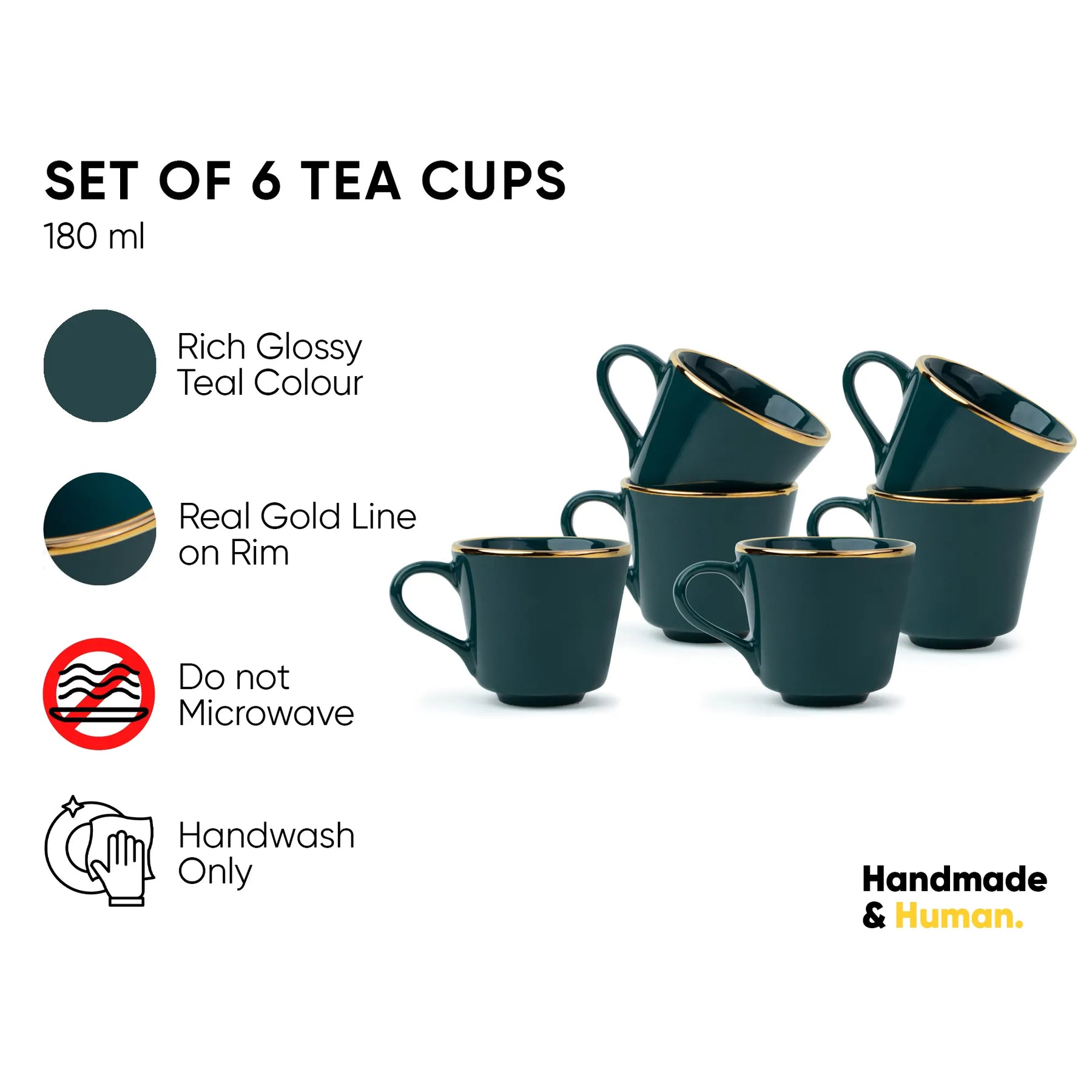 Set of 6 teal tea cups with gold rims on a white background, featuring product details and branding.