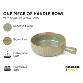 Green ceramic bowl with handle on a white background, featuring text about material and safety.