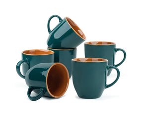 Set of teal mugs with brown interior on a white background