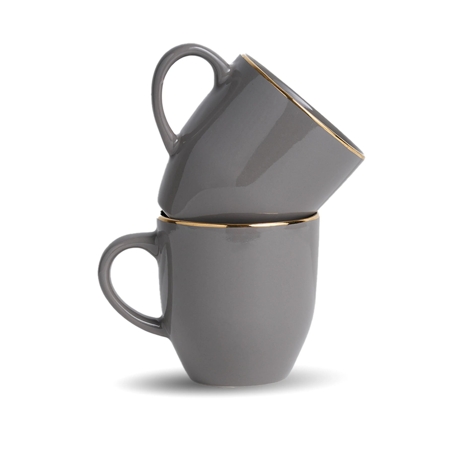 Two gray mugs with gold rims stacked on a white background