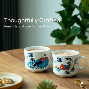 Two decorated coffee mugs on a wooden table with a plant in the background, featuring the text 'Thoughtfully Crafted'.
