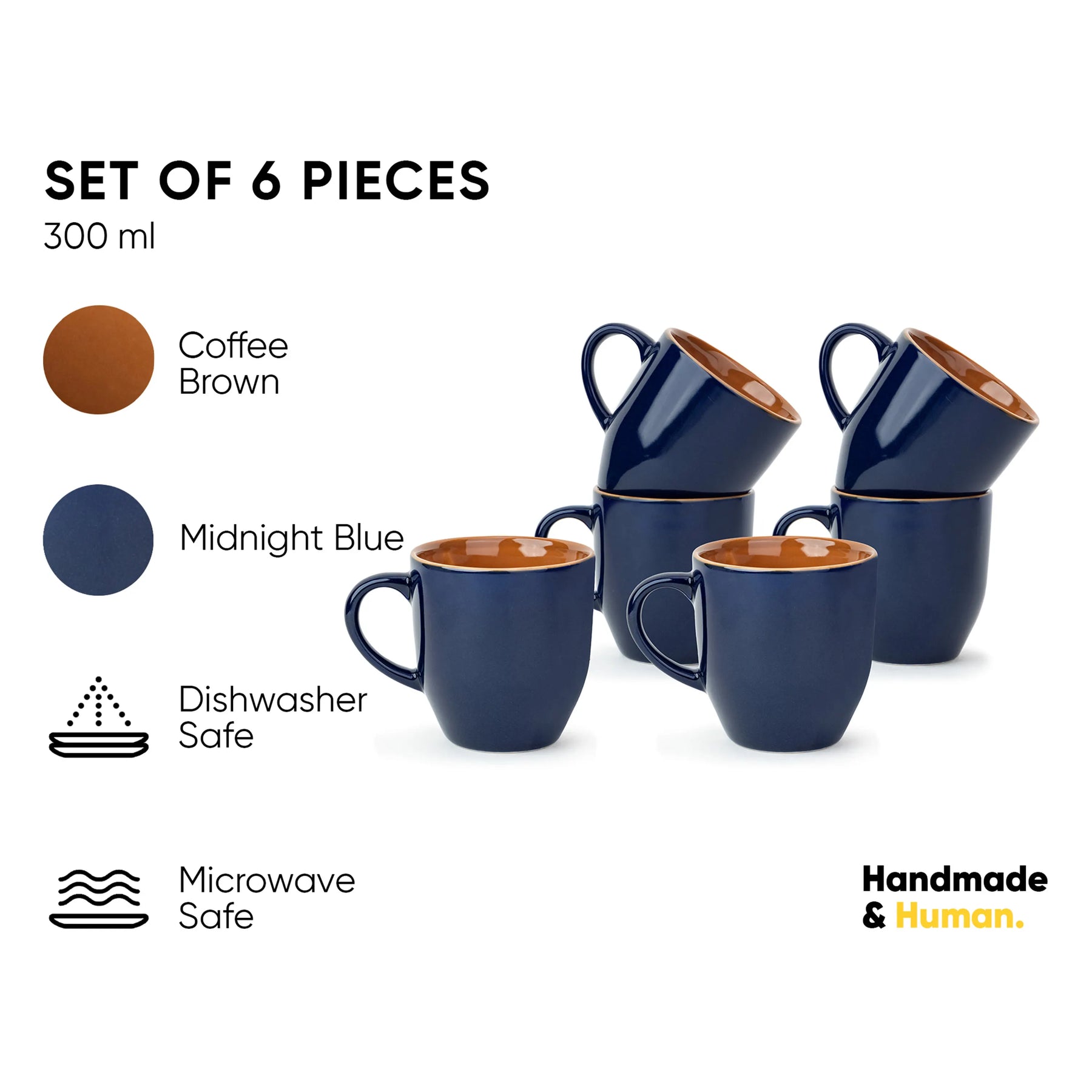 Set of six blue mugs with brown interior, labeled 'Coffee Brown' and 'Midnight Blue', on a white background.
