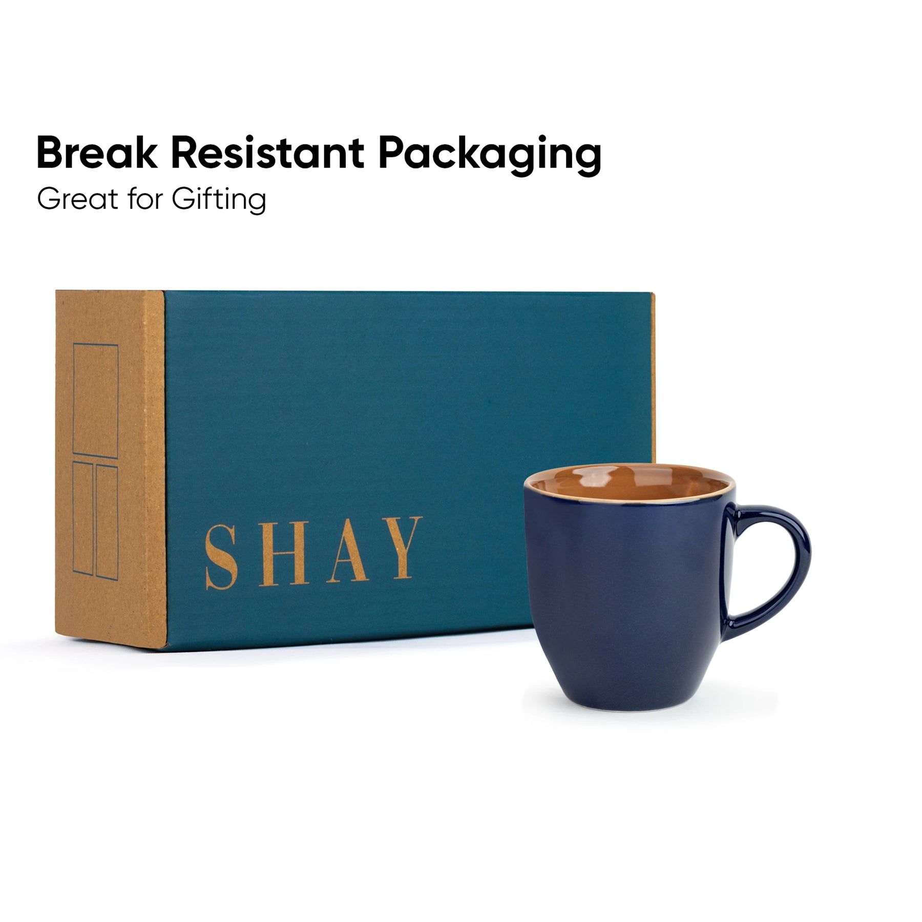 Blue mug with 'SHAY' branded box on a white background