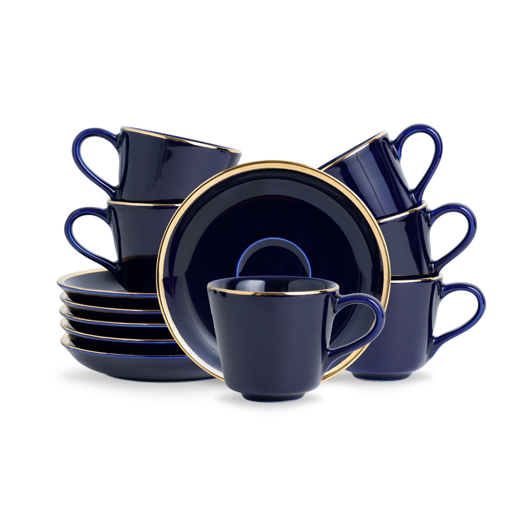 Shay Ceramic Tea Cup Saucer Set, Set of 6, Navy with Real Gold Line, 180ml | Modern Tableware Online India