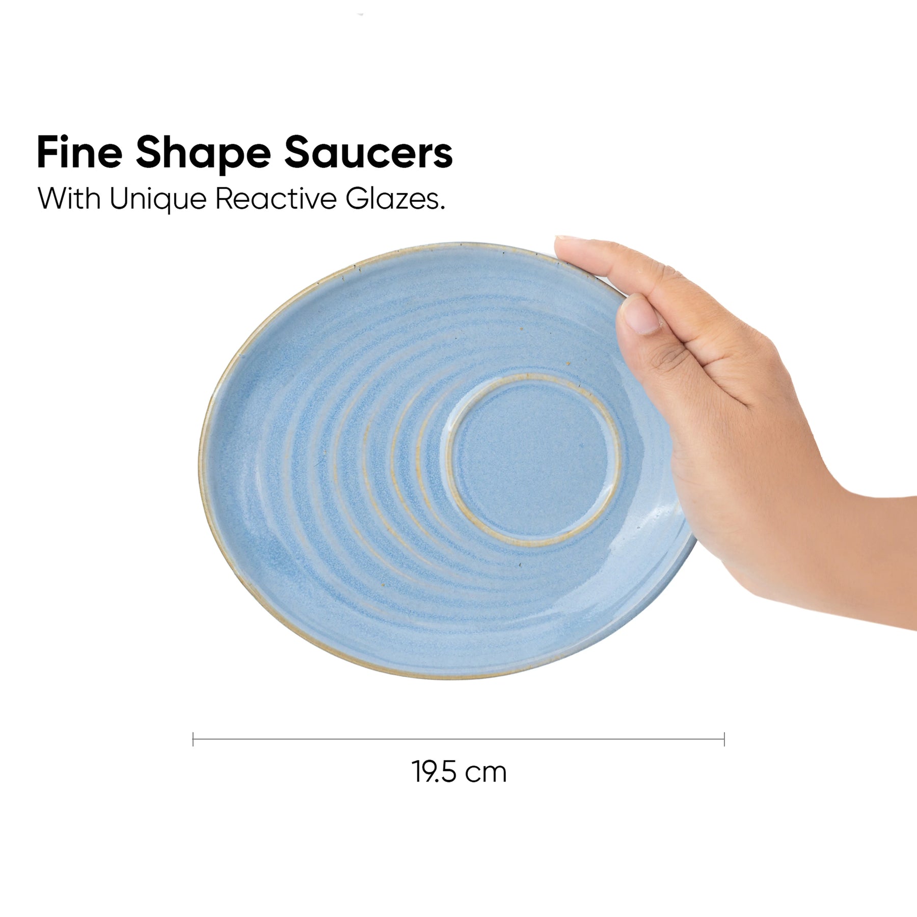 Blue ceramic saucer held by a hand with text about unique reactive glazes.