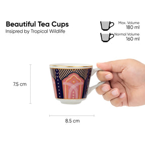 Tea cup with dimensions and volume information, held by a hand.