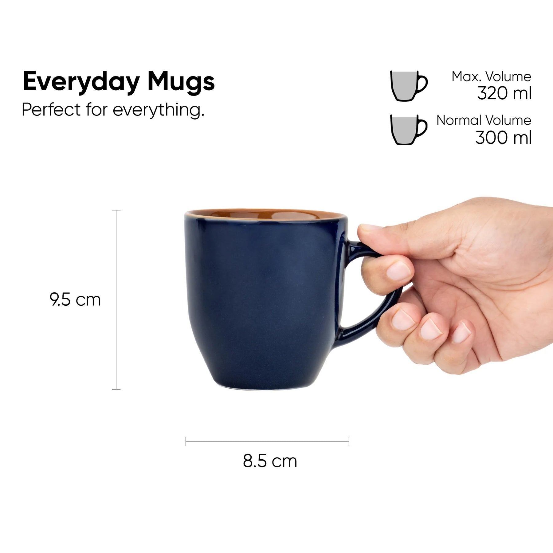 Navy blue mug held by a hand with dimensions and volume information on a white background