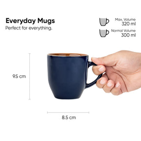 Navy blue mug held by a hand with dimensions and volume information on a white background