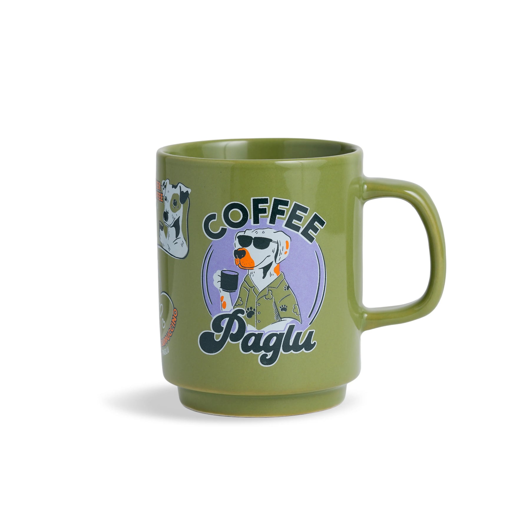 Green mug with a dog graphic and 'Coffee Paglu' text on a white background