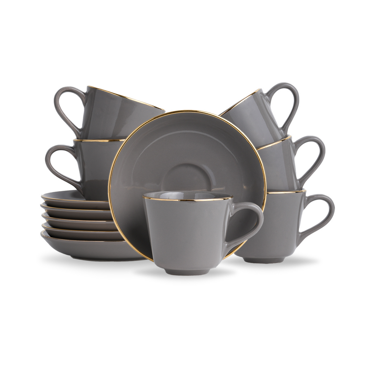 Shay Ceramic Tea Cup & Saucer Set Set of 6 | Grey with Real Gold Line | 180ml | Modern Tableware Online India