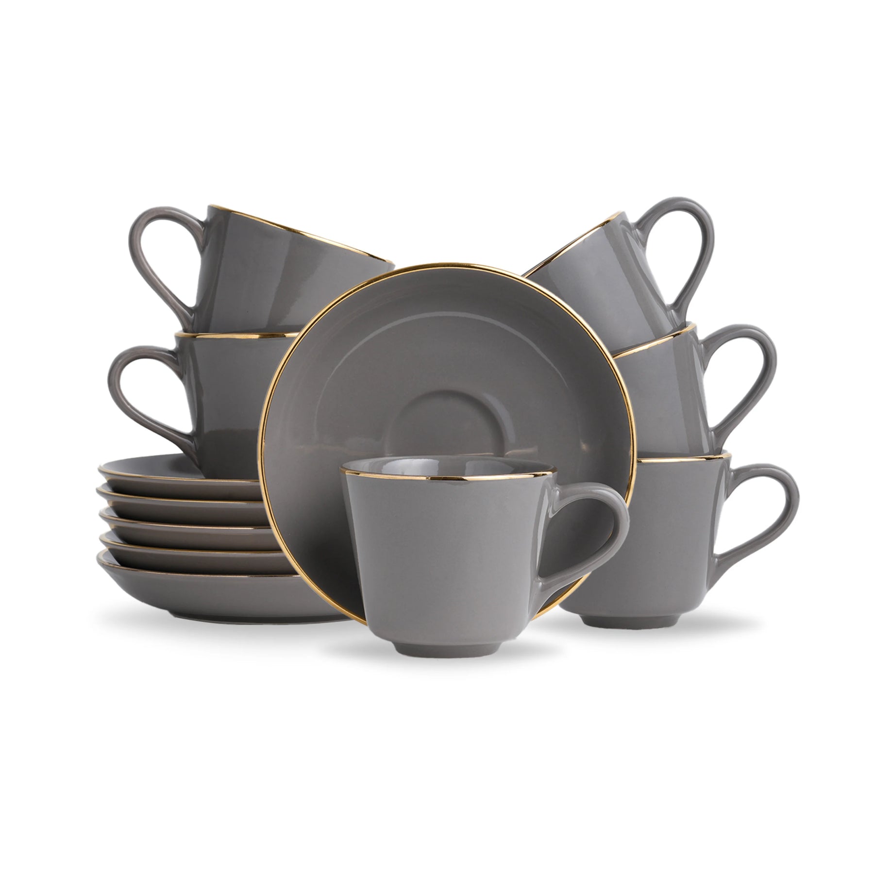 Set of green and brown ceramic dishes on a white background