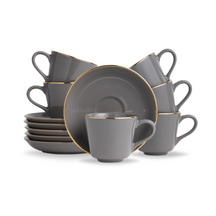 Shay Ceramic Tea Cup & Saucer Set Set of 6 | Grey with Real Gold Line | 180ml | Modern Tableware Online India
