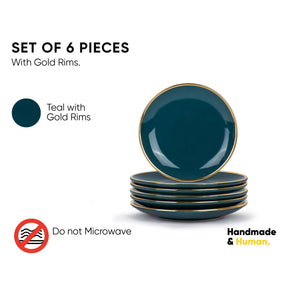 Set of 6 teal plates with gold rims on a white background, featuring branding and usage instructions.