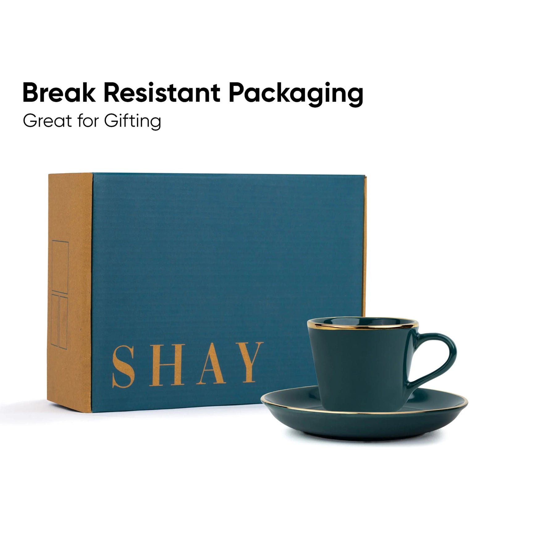 Teal cup and saucer set with 'SHAY' branded box on a white background