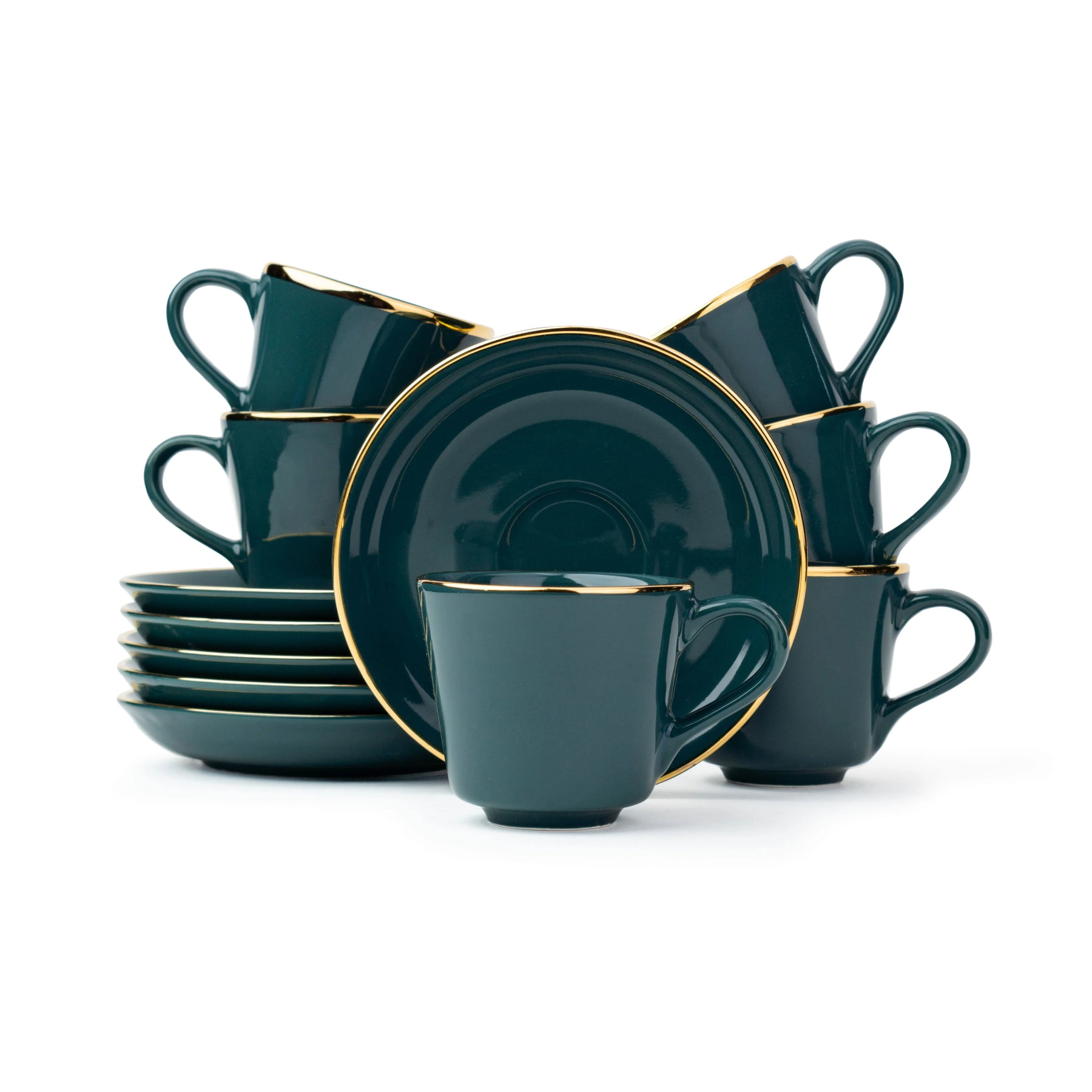 Set of teal dinnerware with gold trim on a white background