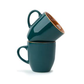 Two teal mugs stacked on a white background